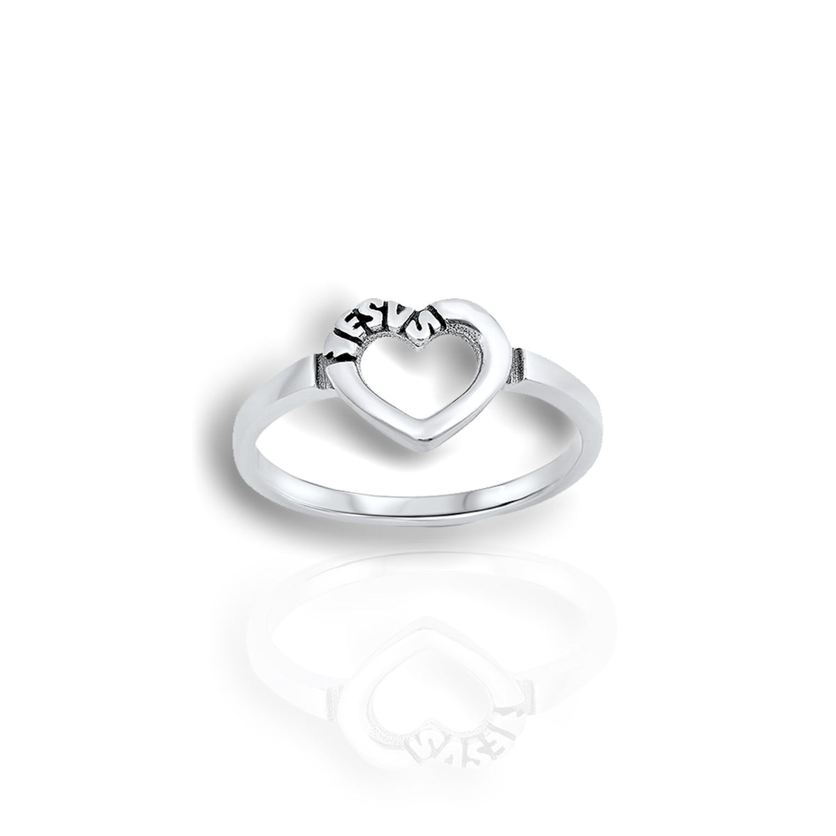 Sterling silver ring with an open heart design engraved with the word “Jesus” across the top, displayed on a white background with a subtle mirrored reflection beneath.