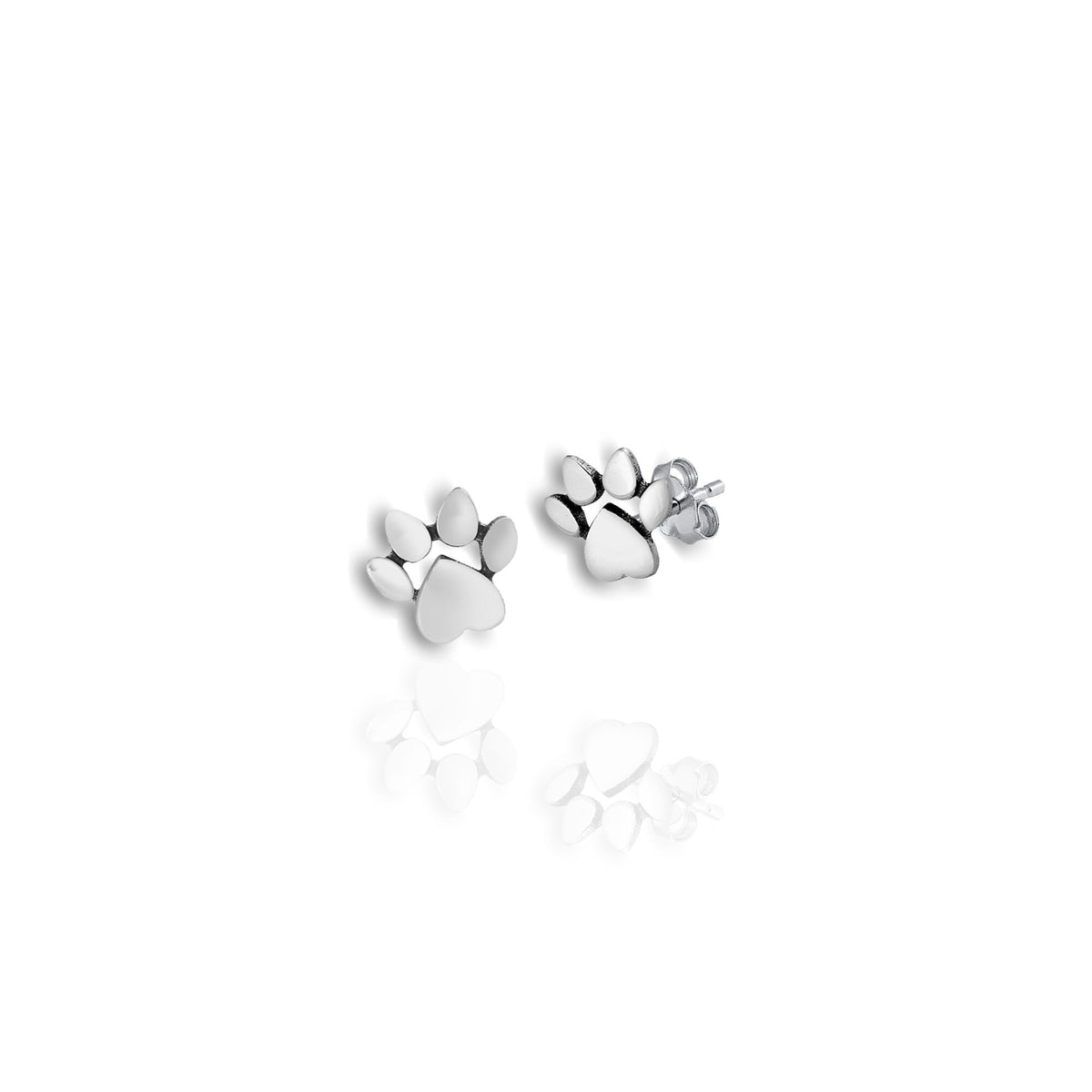 A pair of sterling silver stud earrings in the shape of a paw print.