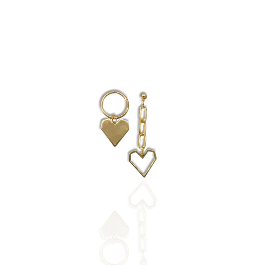 Gold Heart Drop Stud Earrings with Paperclip Chain and Round Circle Mismatched Design