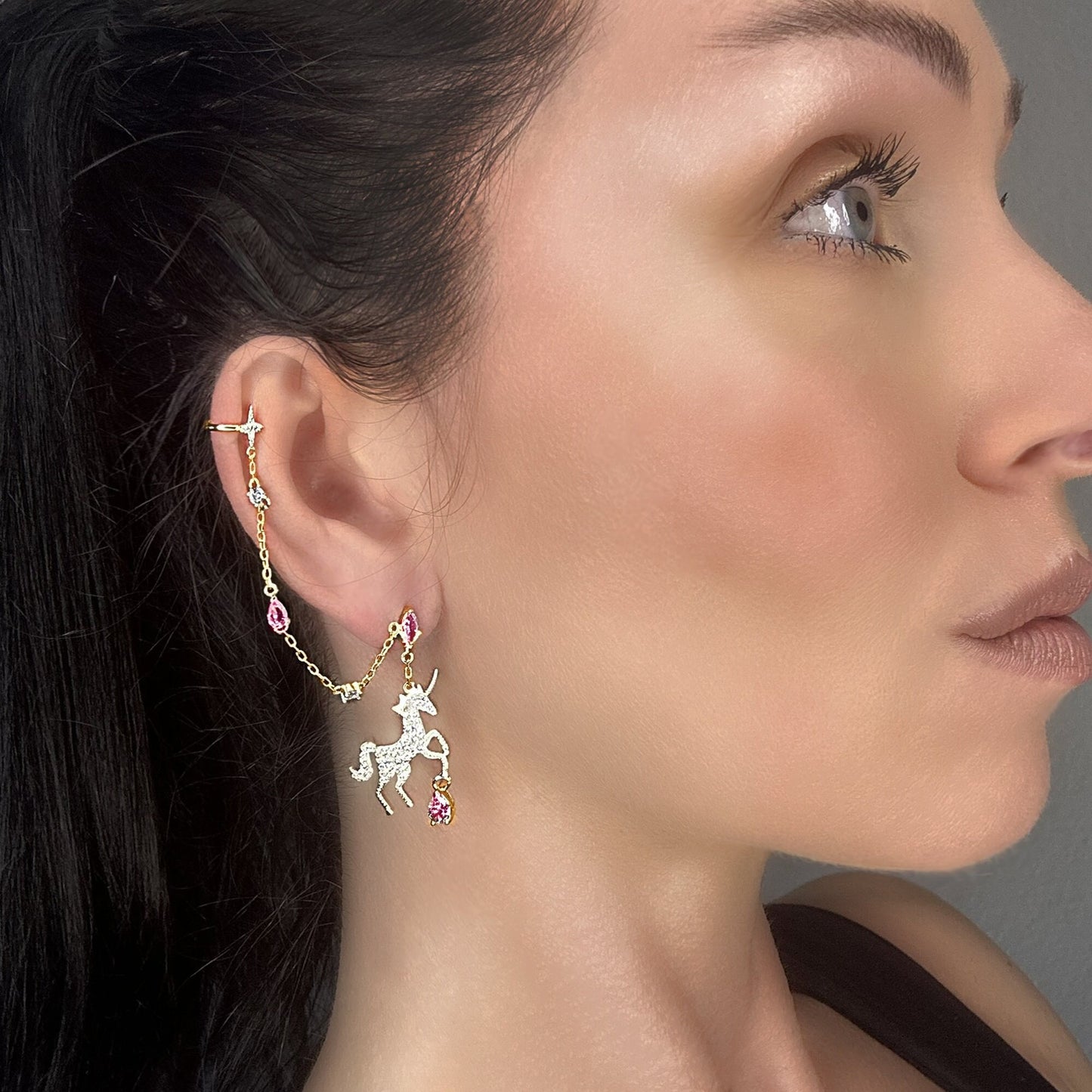 Unicorn Chain Threader Cuff Earring in Gold with CZs