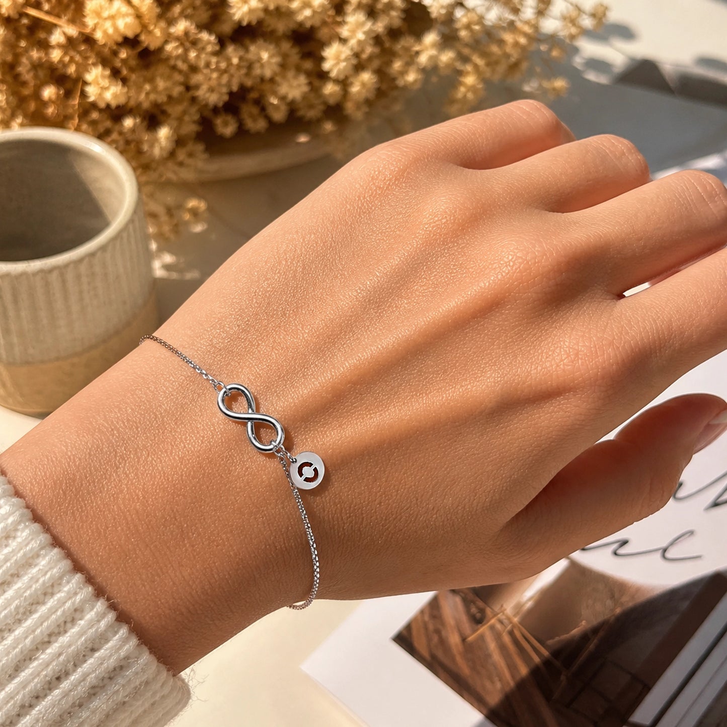 Infinity Bracelet Sterling Silver Adjustable Initial Charm