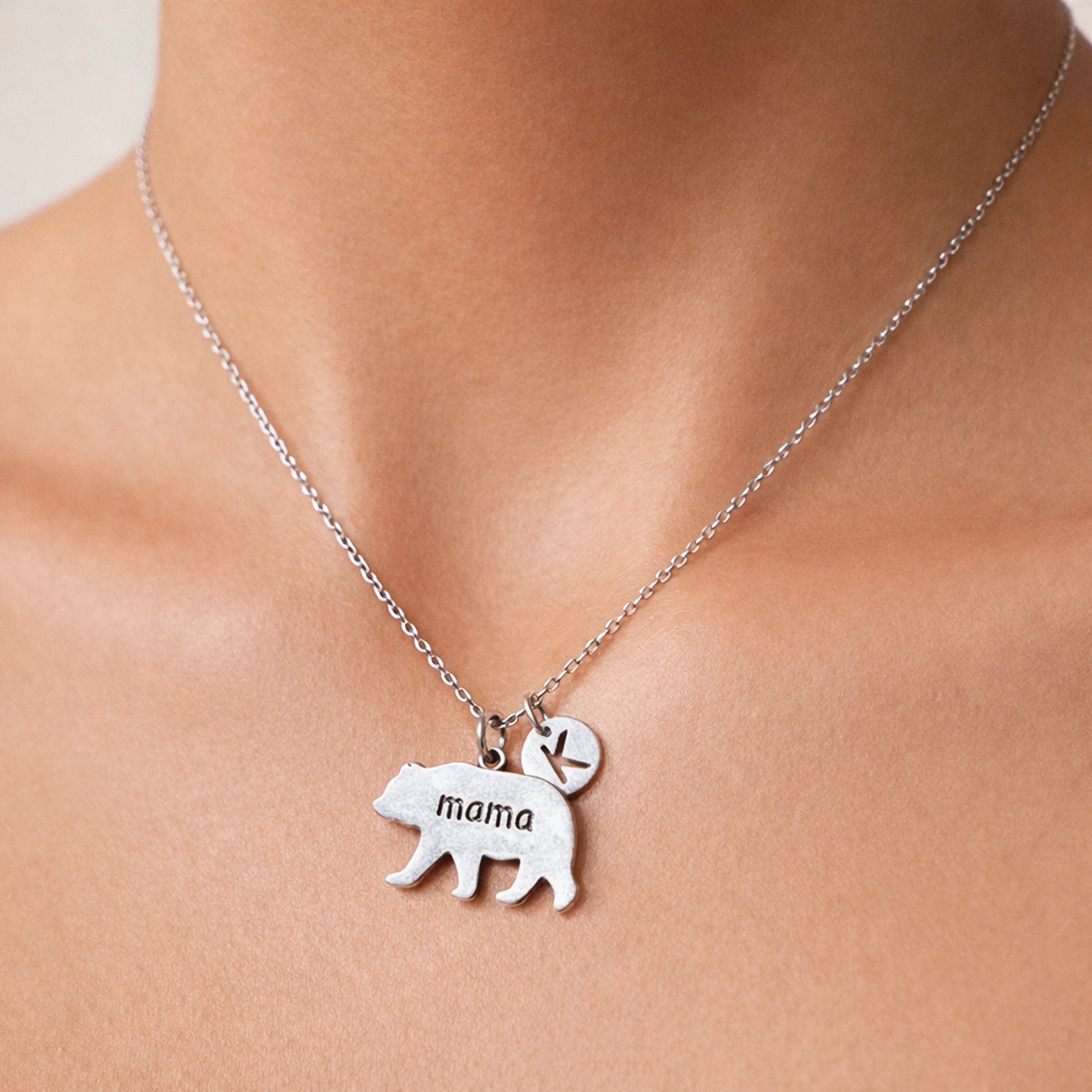 Sterling Silver Mama Bear Necklace with Custom Initial Charm, Personalized Mom Jewelry Gift, Delicate Silver Chain Pendant for Mother, Minimalist Family Keepsake Necklace