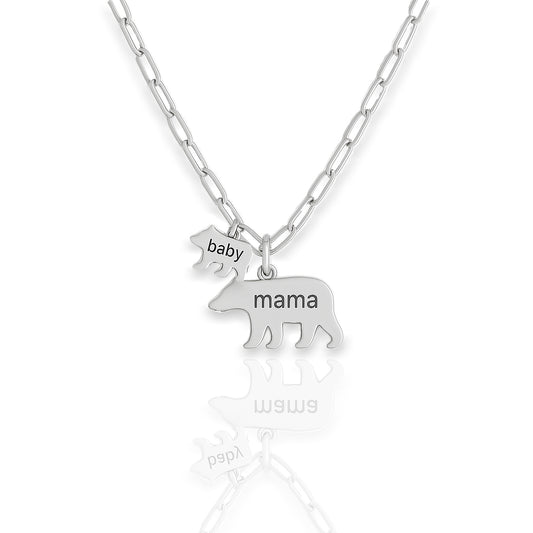 Mama and Baby Bear Engraved Charm Necklace on a Stylish Paperclip Chain