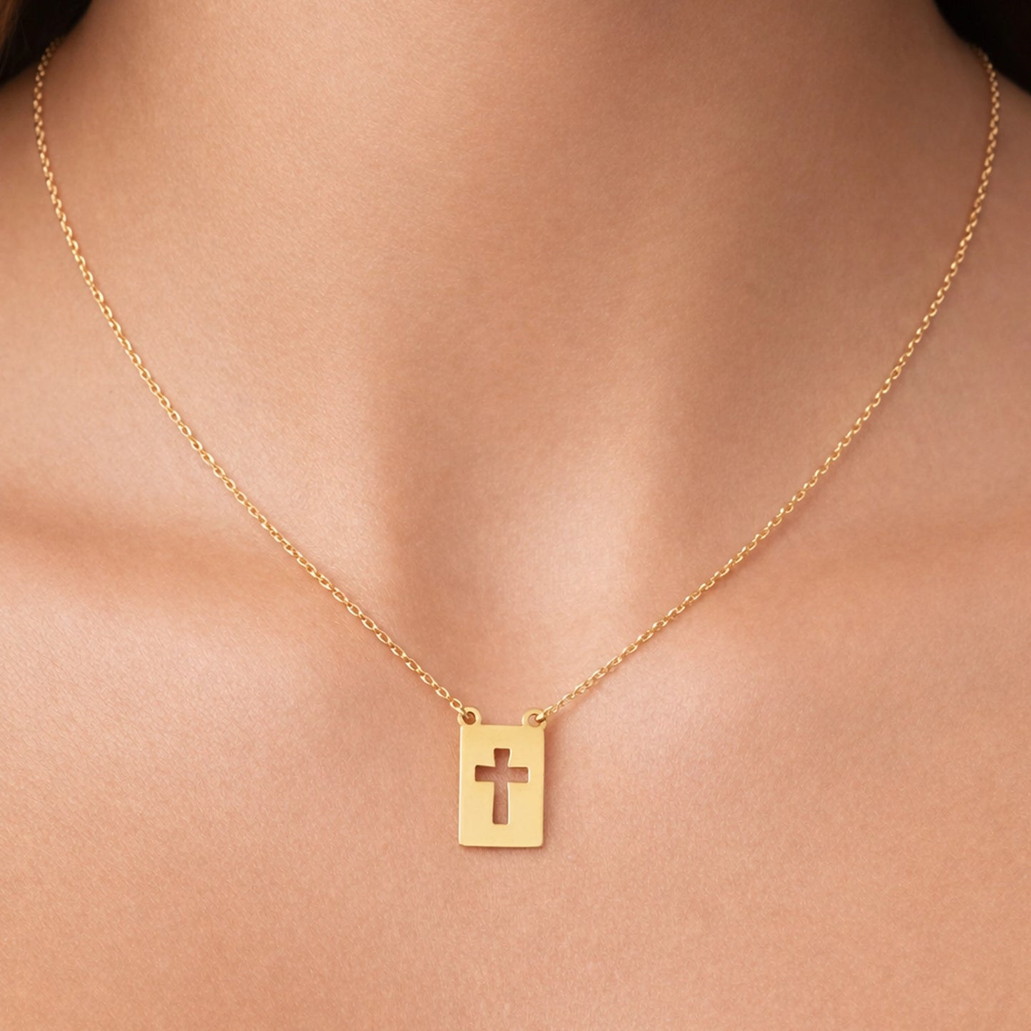 Rectangular Tag Necklace with Cut Out Cross in 18K Gold Filled