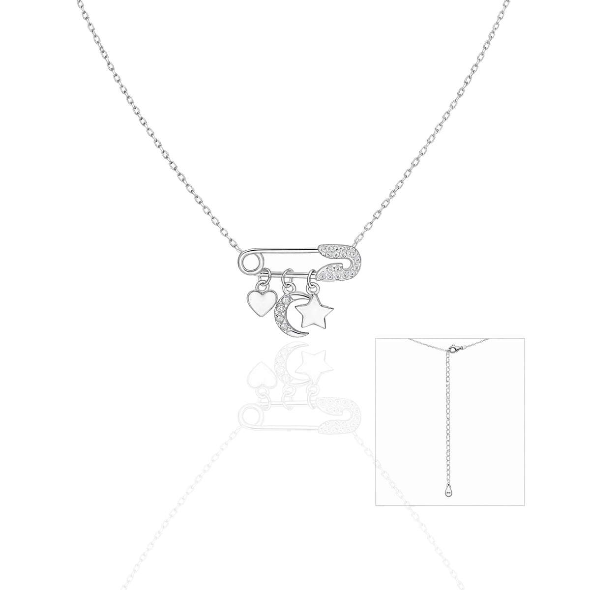 Sterling silver CZ safety pin necklace with heart, moon, and star charms.