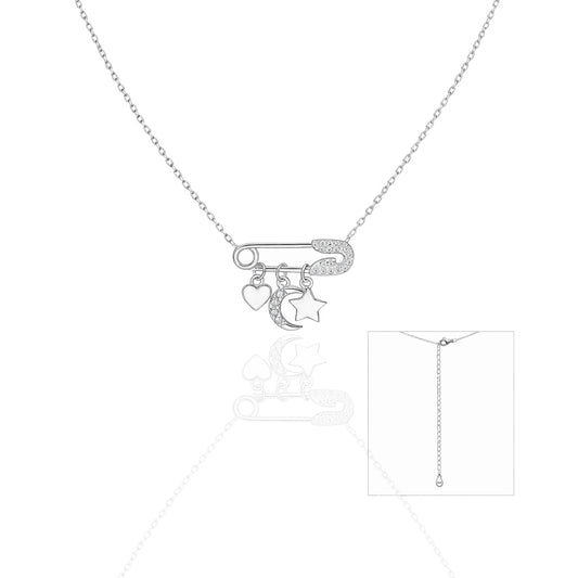 Sterling silver CZ safety pin necklace with heart, moon, and star charms.