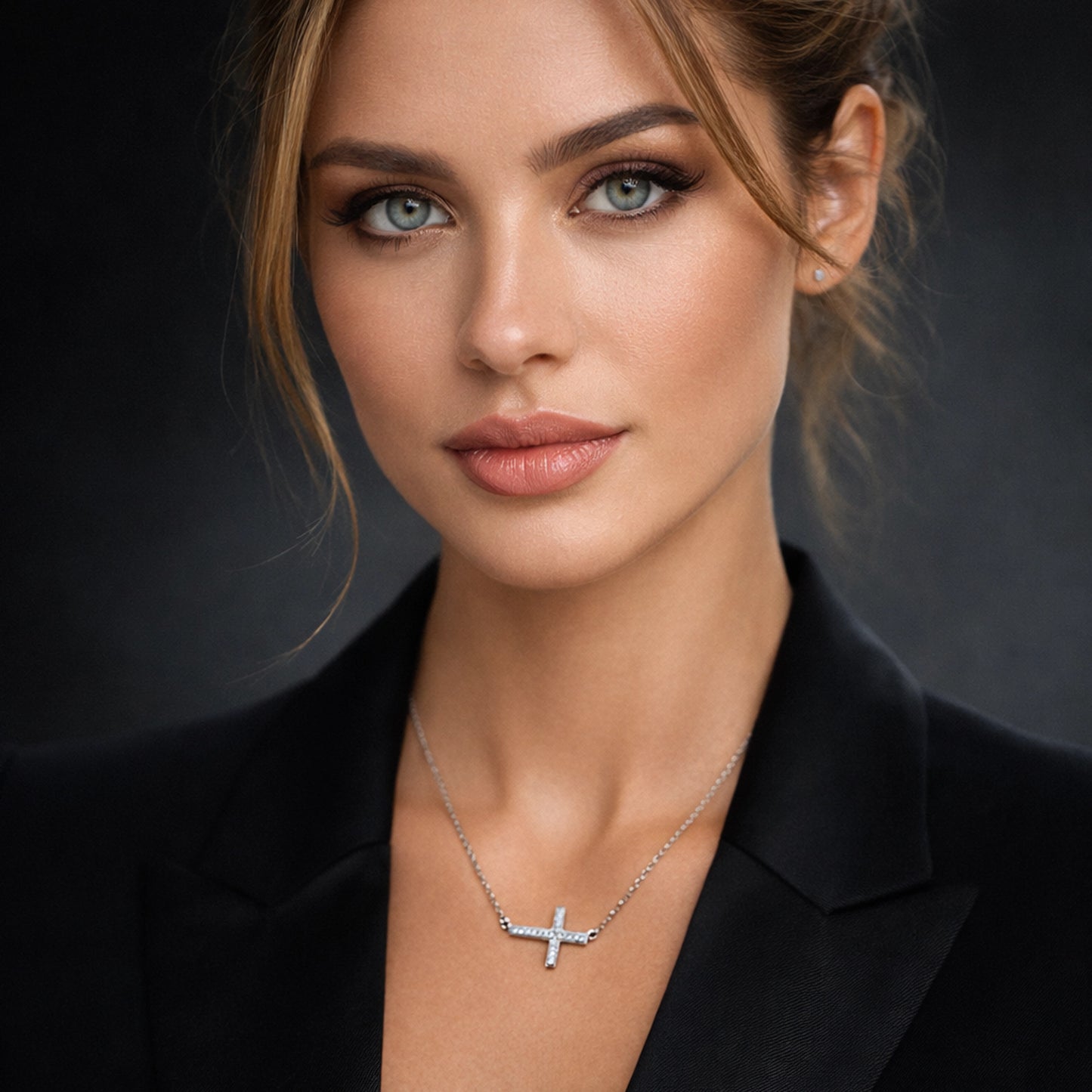 Collar de cruz lateral de plata de ley con circonitas