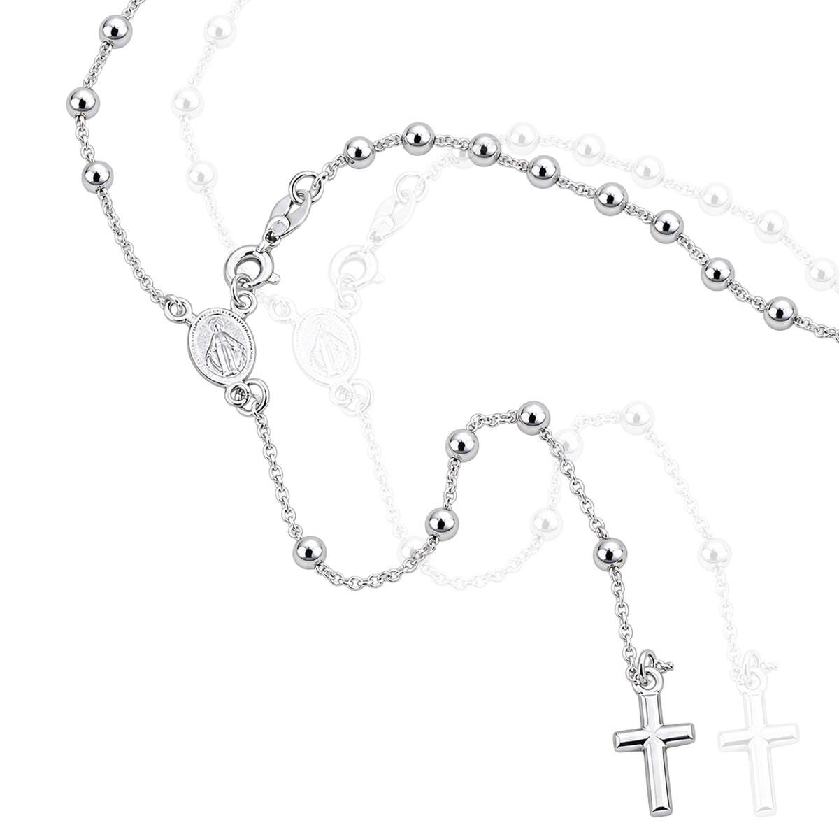 925 sterling silver Catholic rosary necklace with 3mm beads, Virgin Mary centerpiece and cross, 24-inch length, displayed on white background
