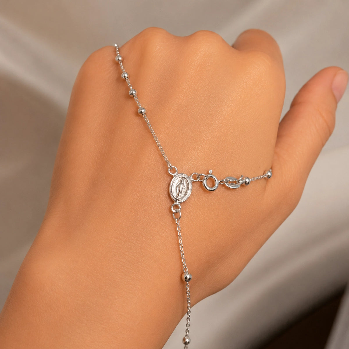 Sterling Silver Rosary Necklace - Virgin Mary 24"