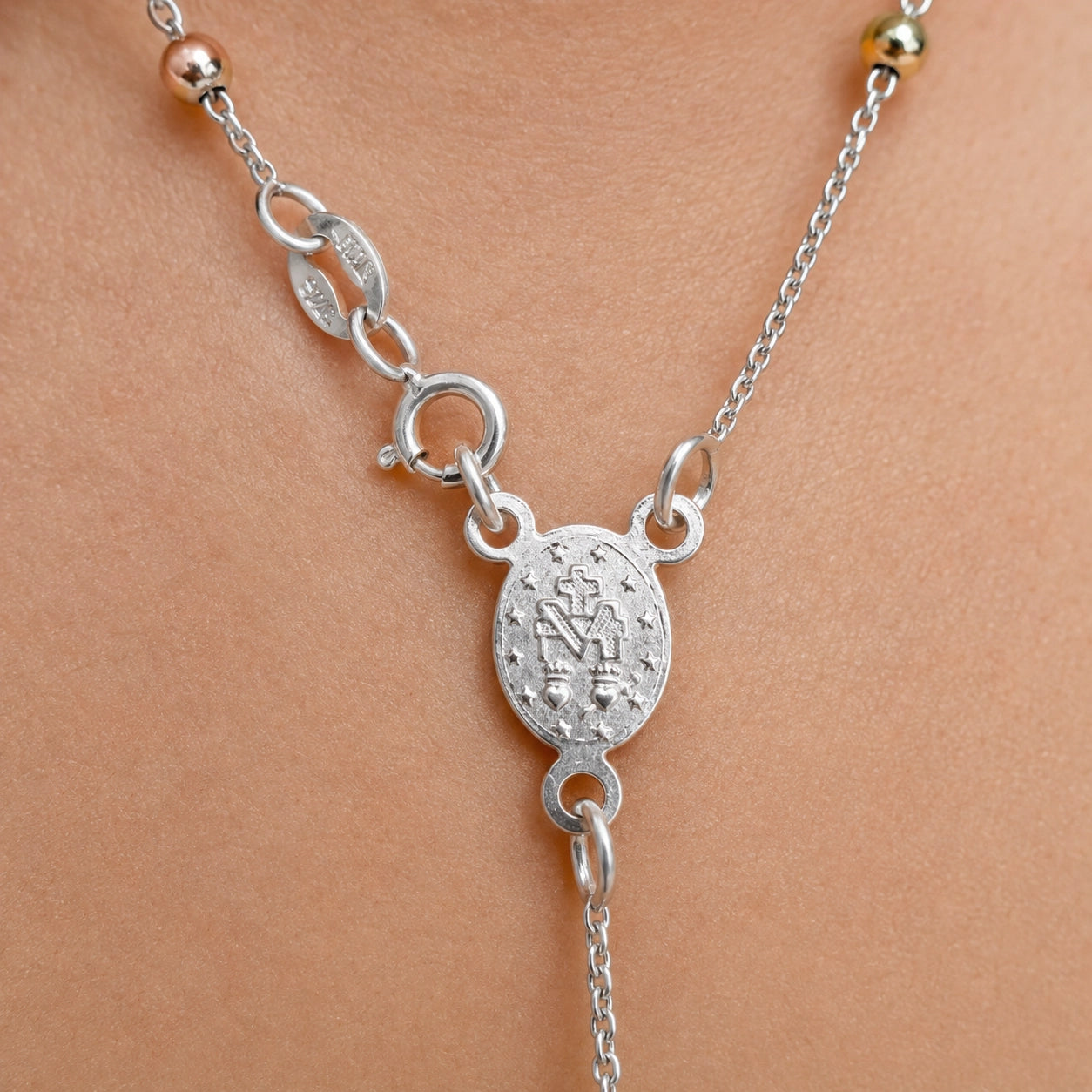 Three Tone Sterling Silver Rosary Necklace