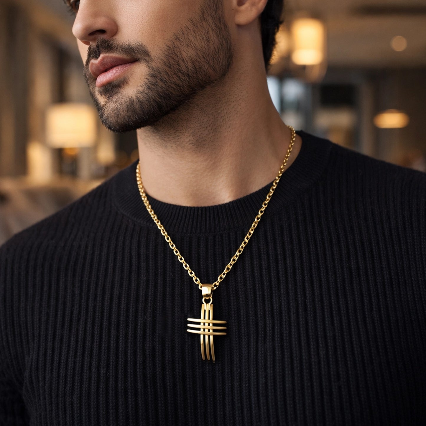 Stacked Bars Intricate Cross Necklace for Men or Women