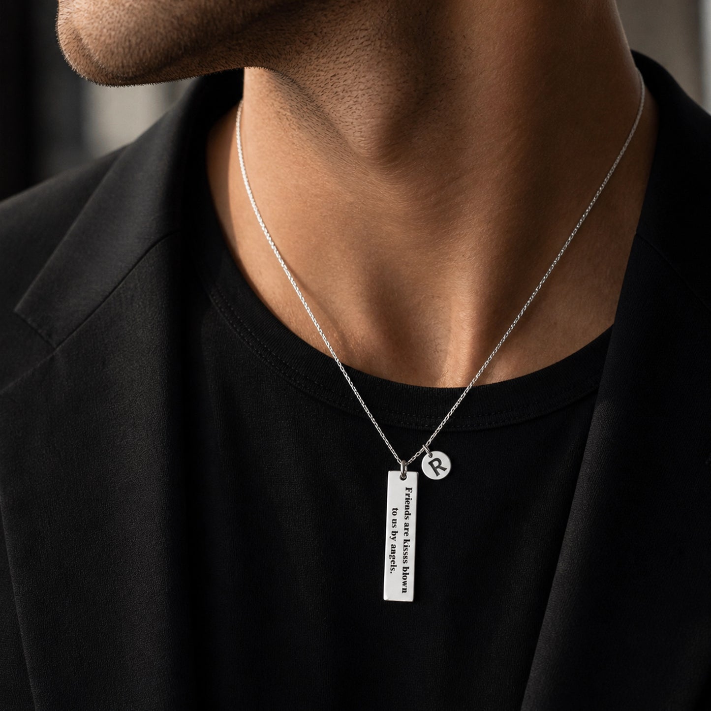 Meaningful Friend Necklace • Engraved Quote Bar with Initial Charm