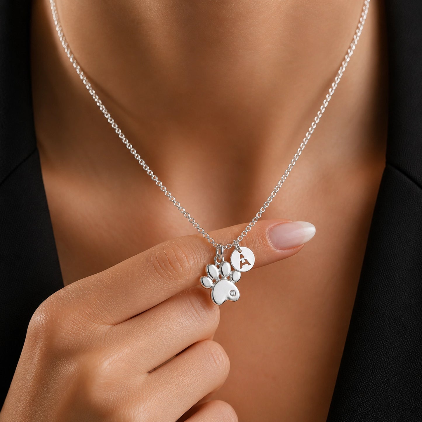 Paw Print Necklace with Initial Charm in Silver