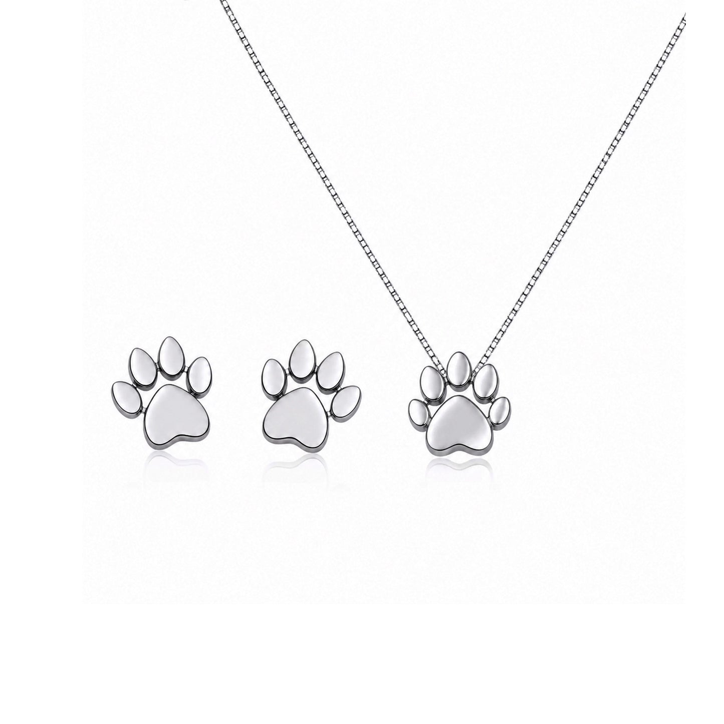 paw print set of earrings and necklace in sterling silver
