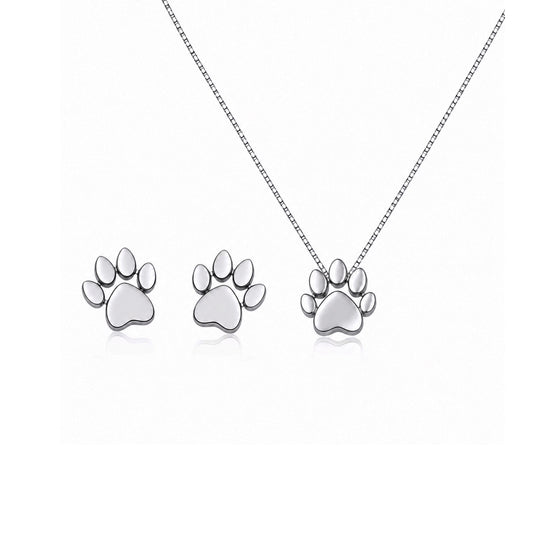 paw print set of earrings and necklace in sterling silver
