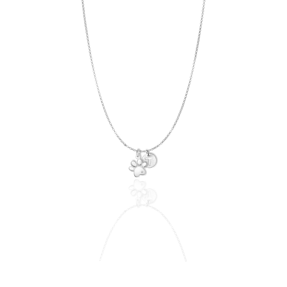 Sterling silver necklace with a paw print charm and a personalized initial disc.
