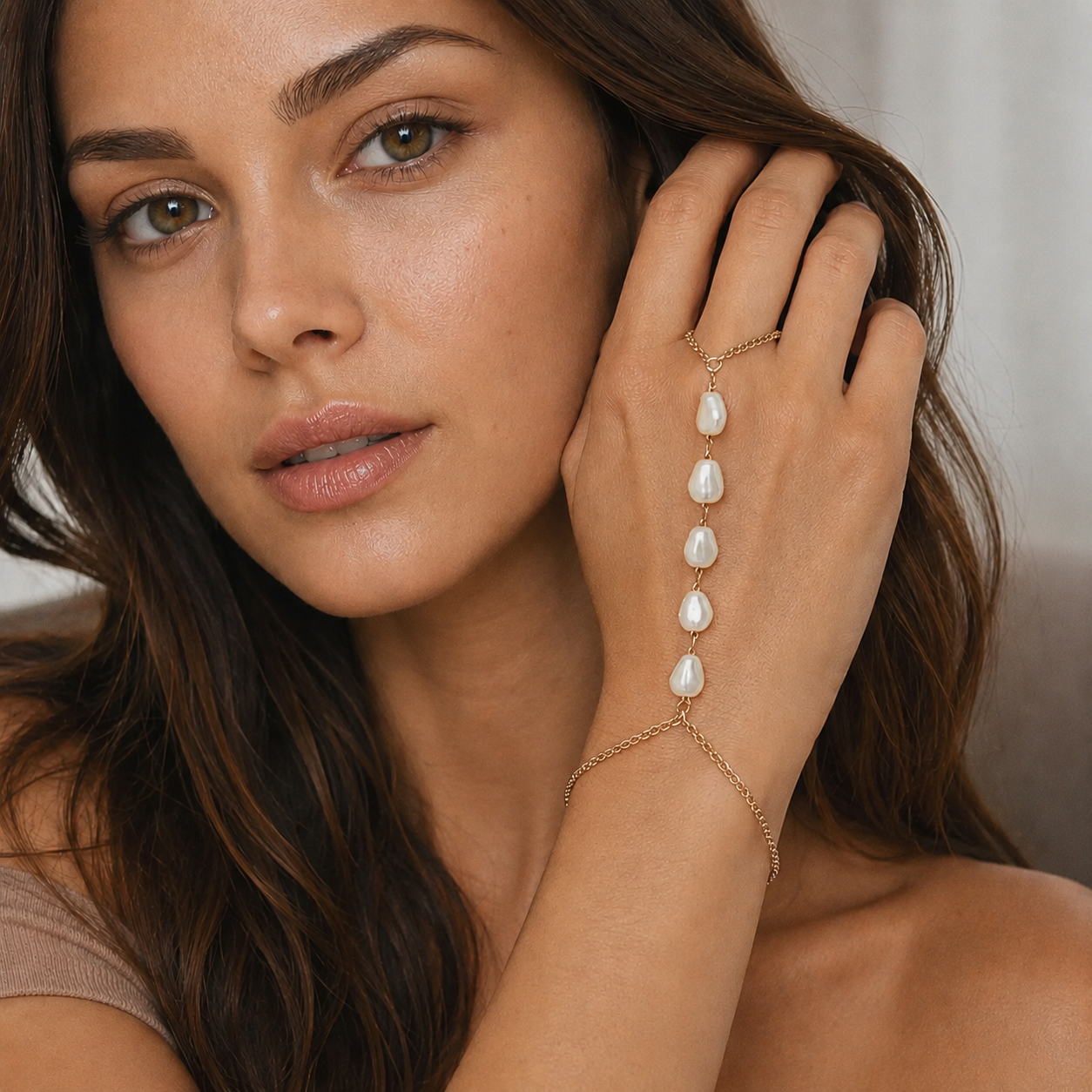 Pearl Hand Chain Bracelet in 18K Gold Filled