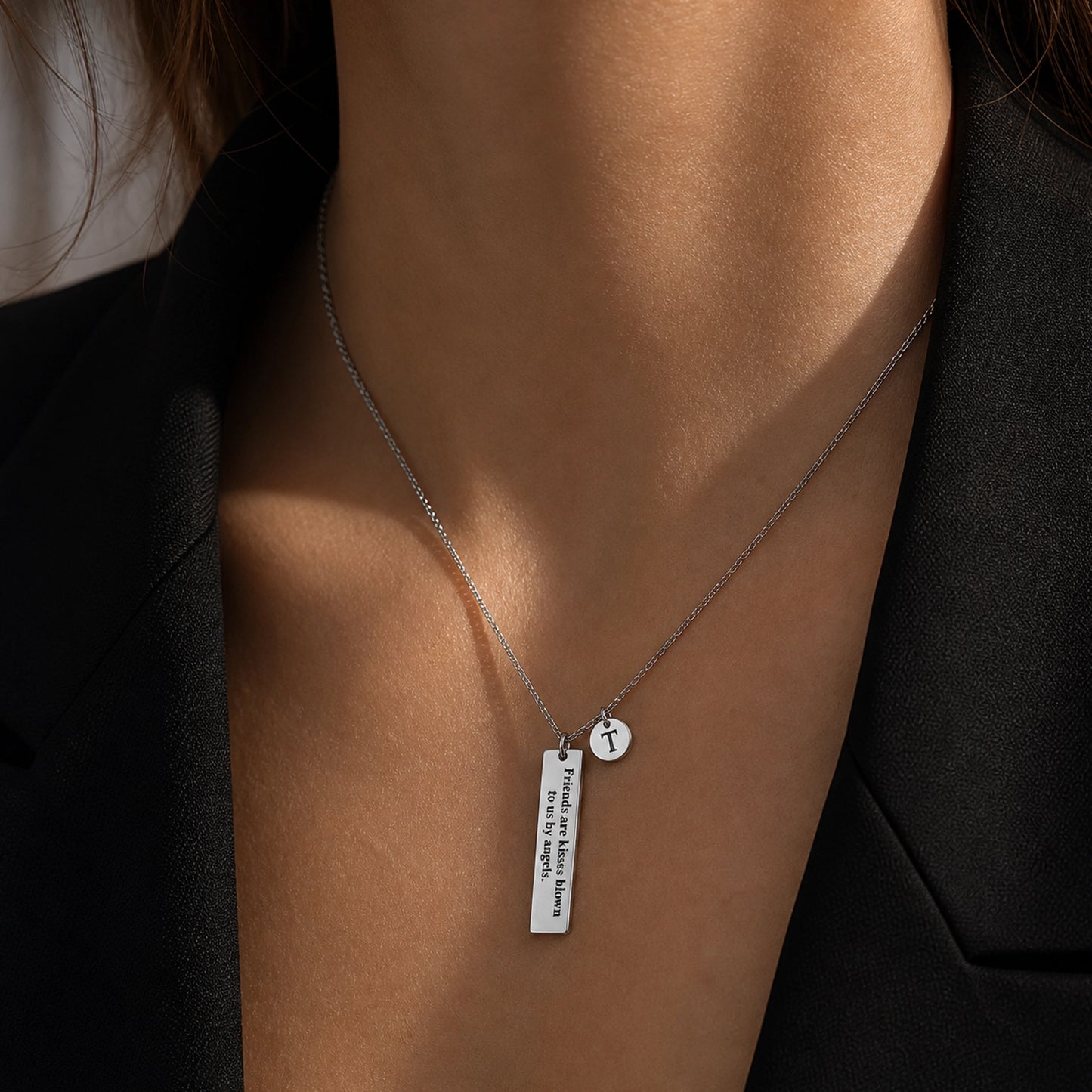 Meaningful Friend Necklace • Engraved Quote Bar with Initial Charm