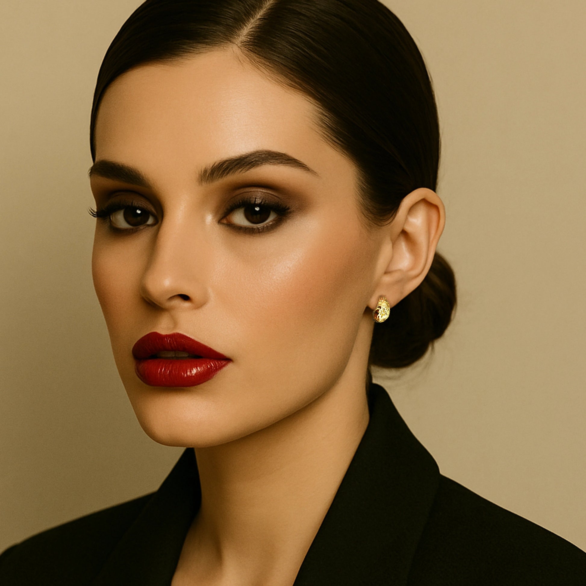 Elegant woman with sleek dark hair in a low bun wearing puffed half moon gold earrings and a black blazer, styled with bold red lipstick and smoky eye makeup against a neutral background.