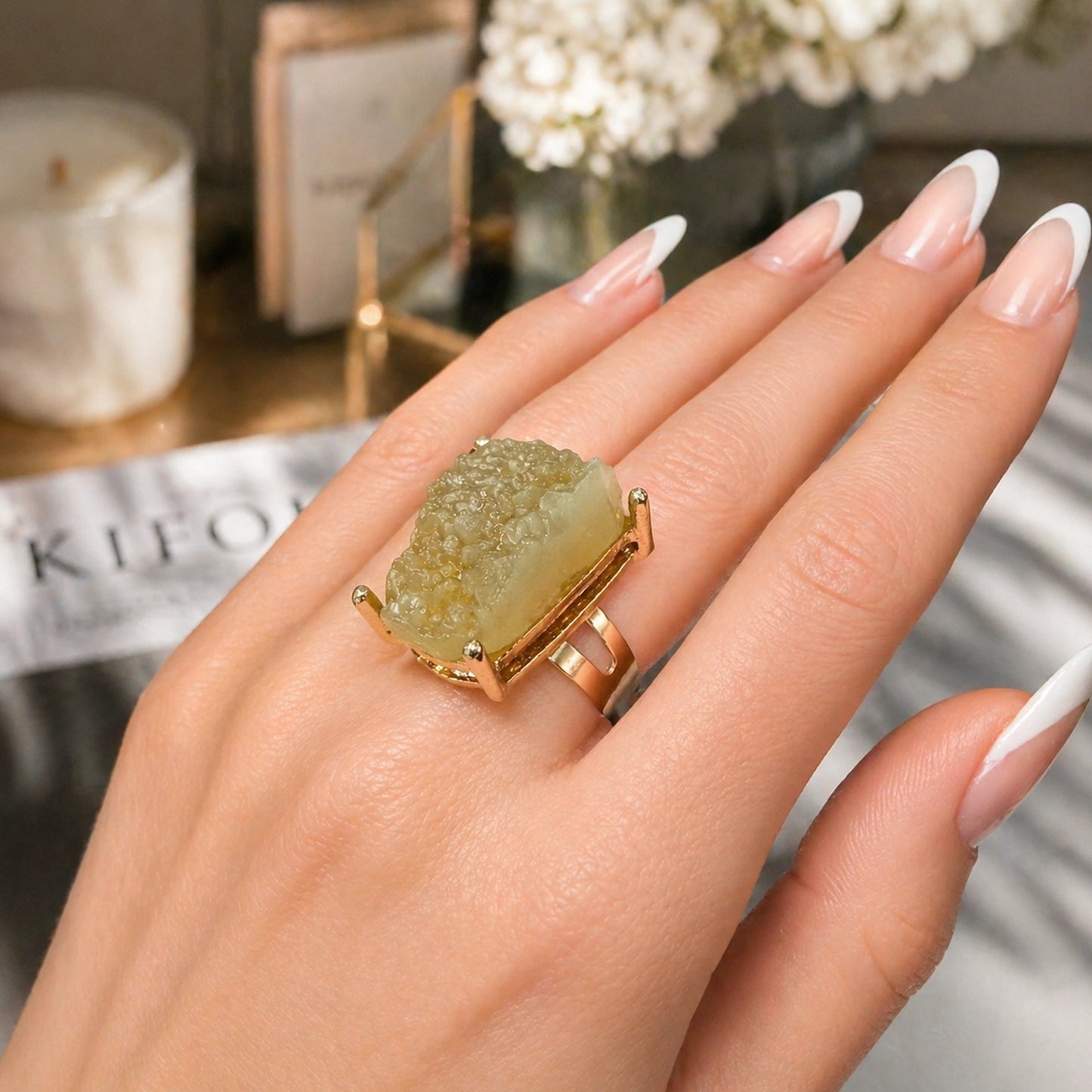 Raw Crystal Statement Ring – Adjustable Brass
