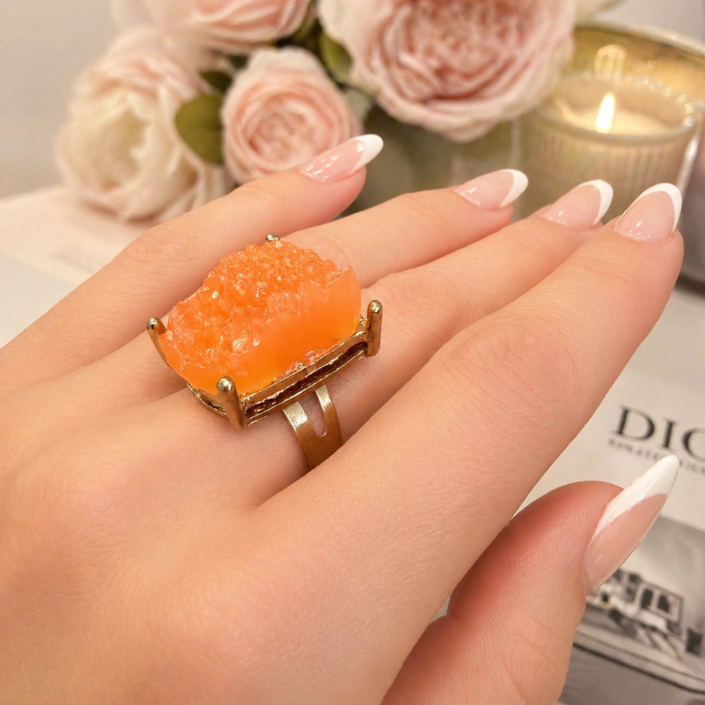 Raw Crystal Statement Ring – Adjustable Brass