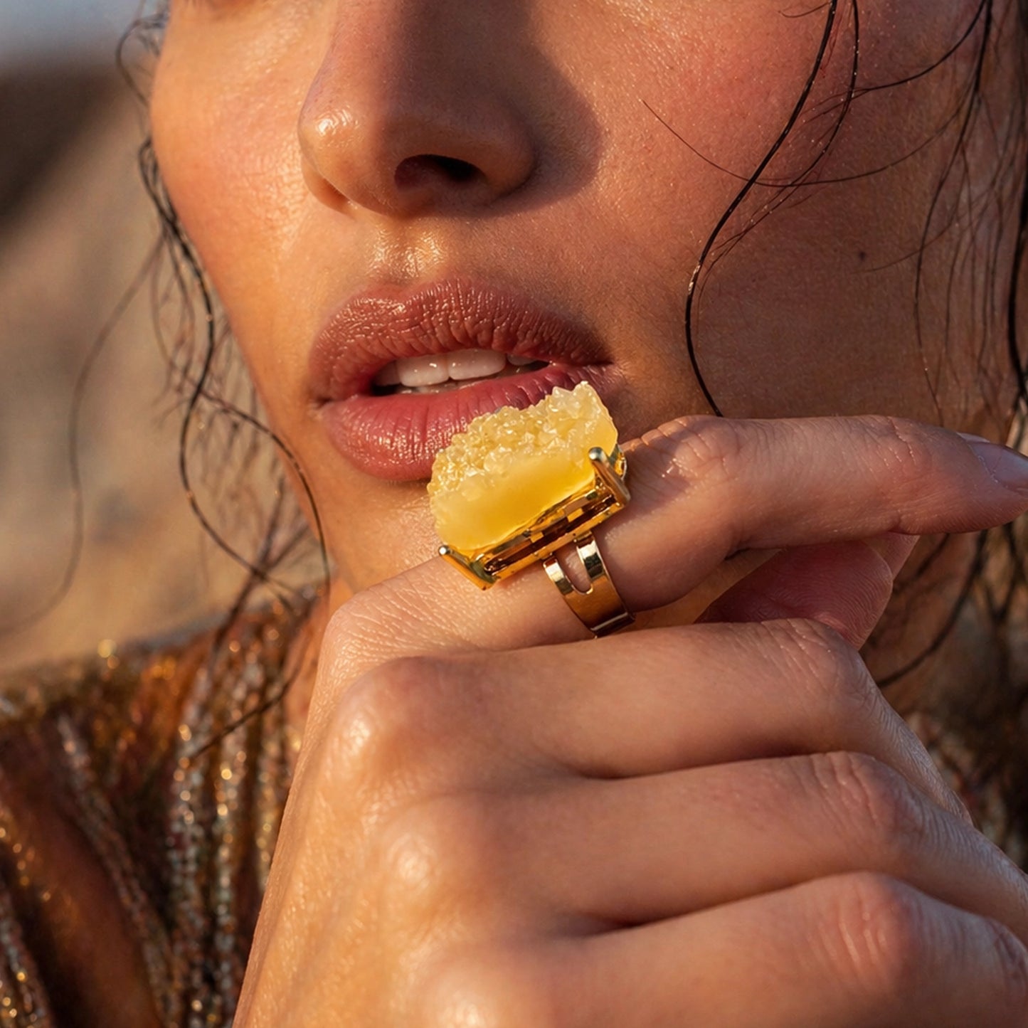 Raw Crystal Statement Ring – Adjustable Brass