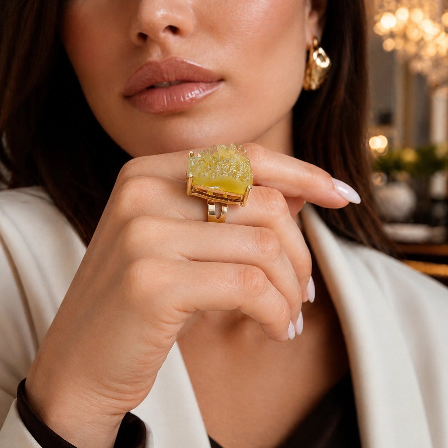 Raw Crystal Statement Ring – Adjustable Brass