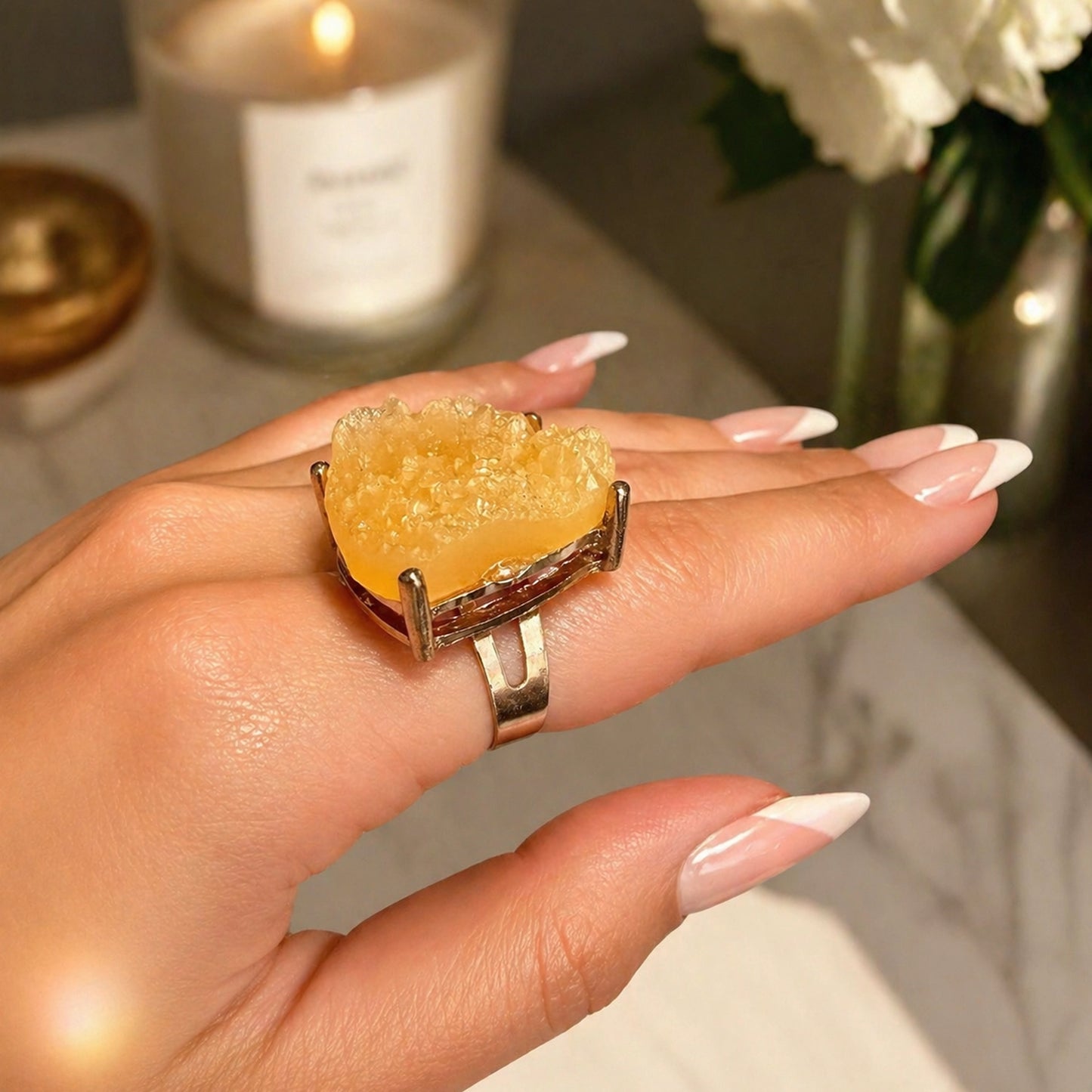 Raw Crystal Statement Ring – Adjustable Brass