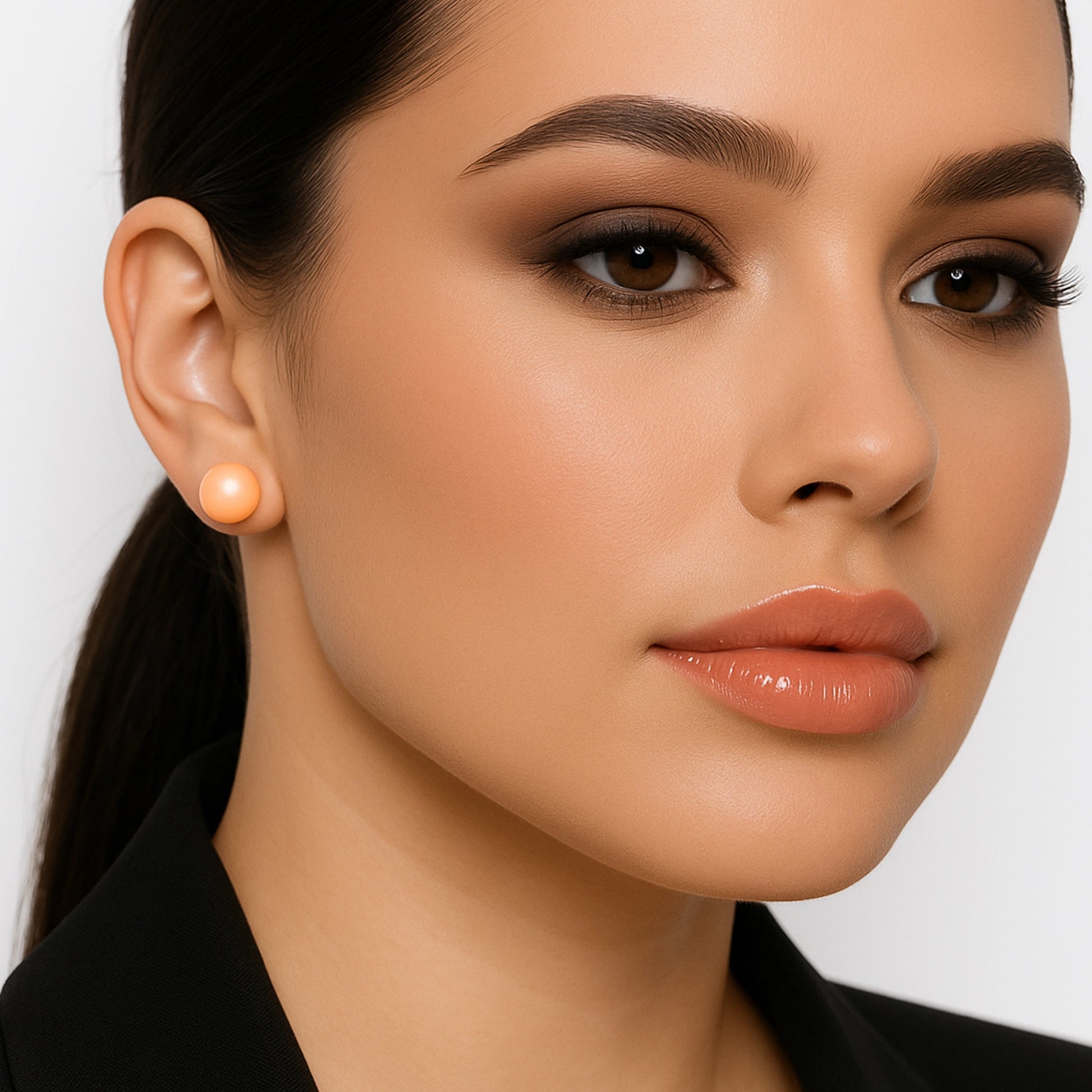 Peach pearl stud earring on model’s right ear, styled with glossy lips and smokey eye makeup, perfect for a modern and timeless aesthetic.