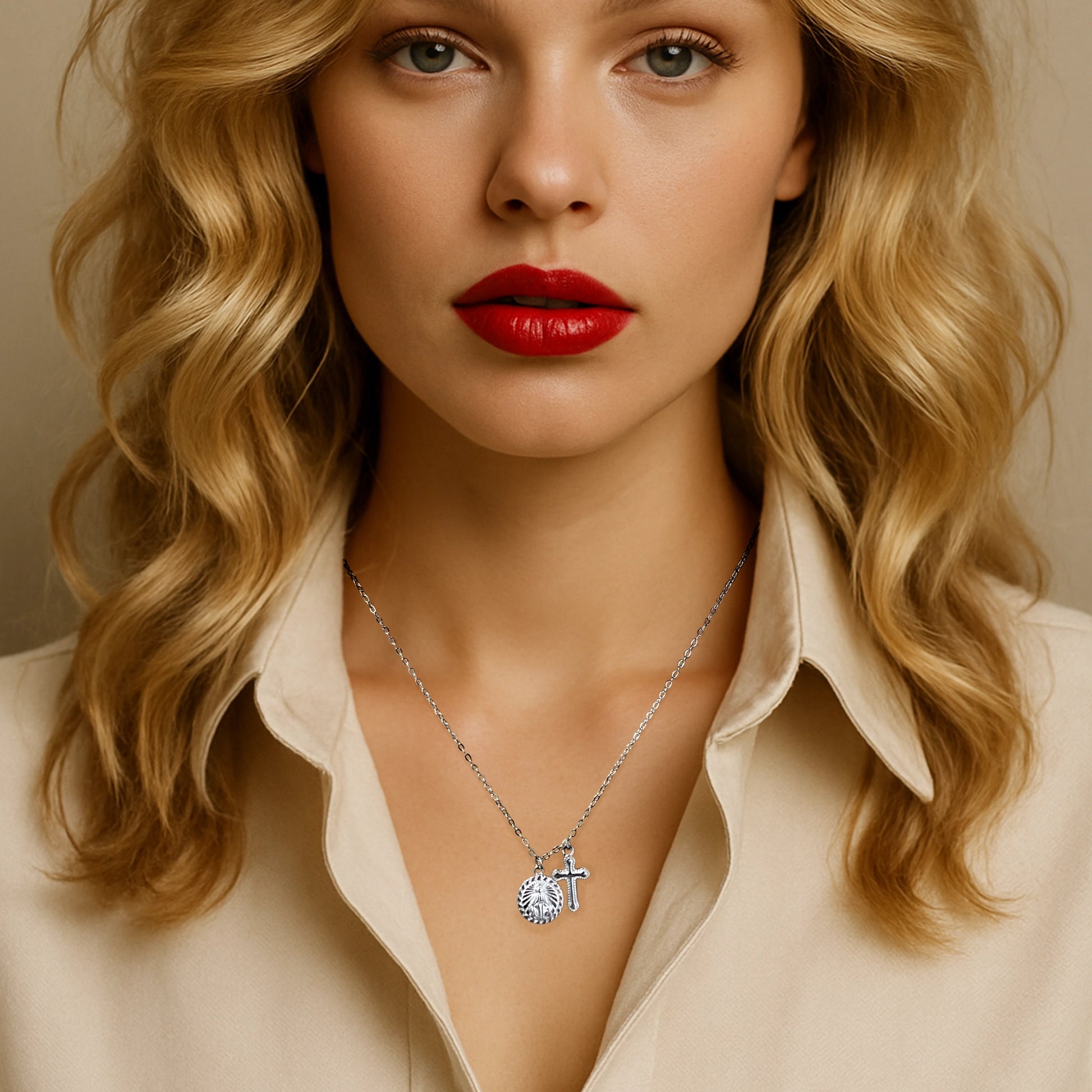 Woman wearing a beige blouse and a delicate sterling silver necklace featuring two religious charms - a detailed Virgin Mary medallion and a textured Christian cross - styled with soft curls and bold red lipstick for an elegant, spiritual look.