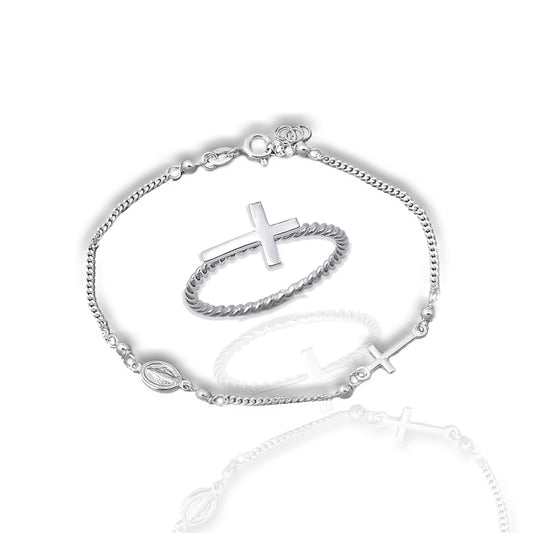 Virgin Mary Bracelet and Sideways Cross Ring Jewelry Set