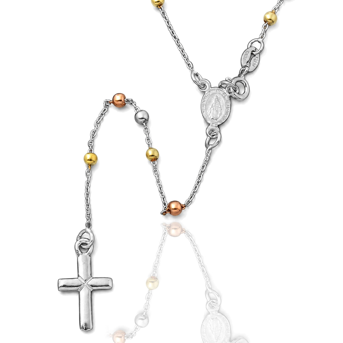 Three tone sterling silver rosary necklace with rose gold and yellow gold beads, Virgin Mary medal and cross