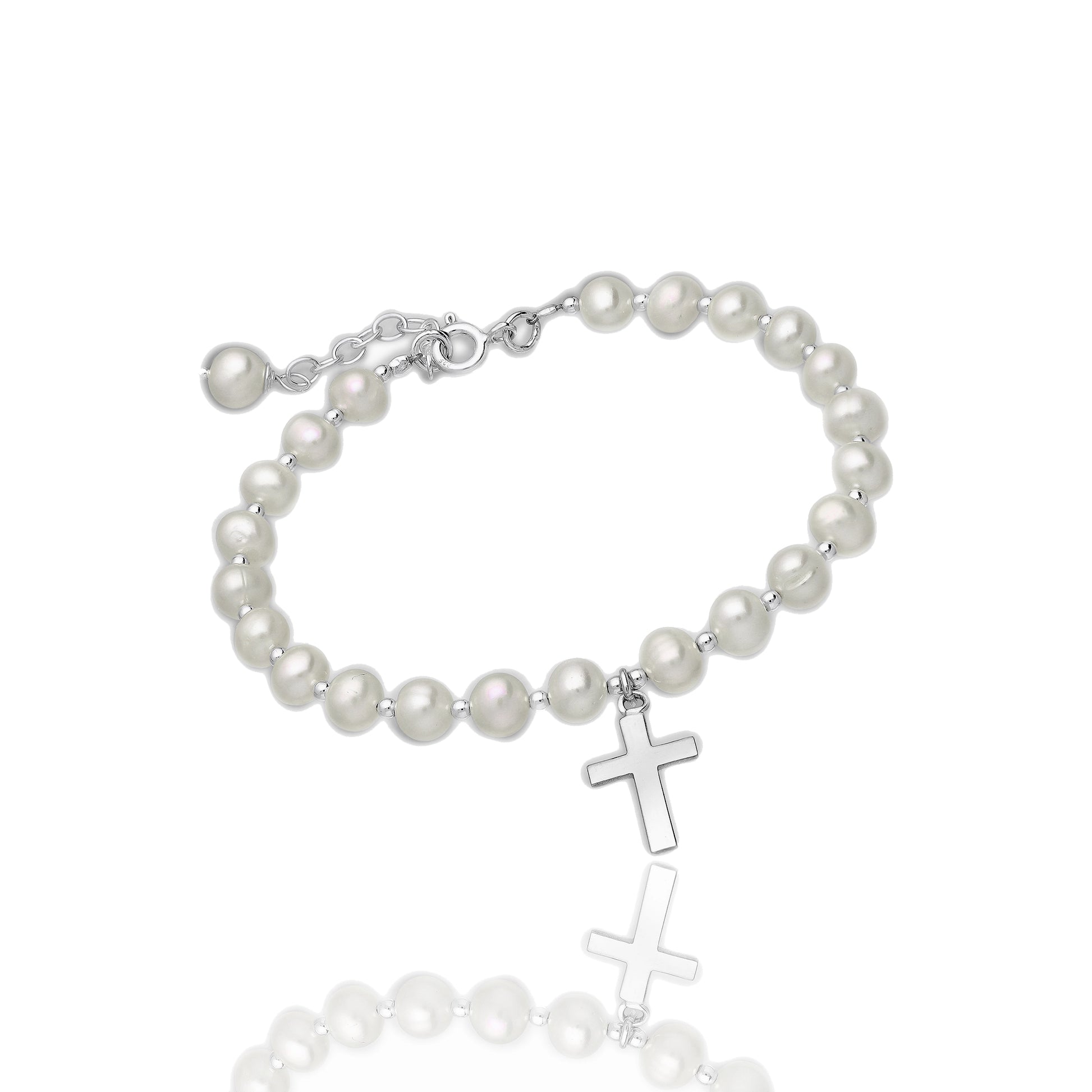 Sterling silver freshwater pearl cross bracelet with extender on white background.