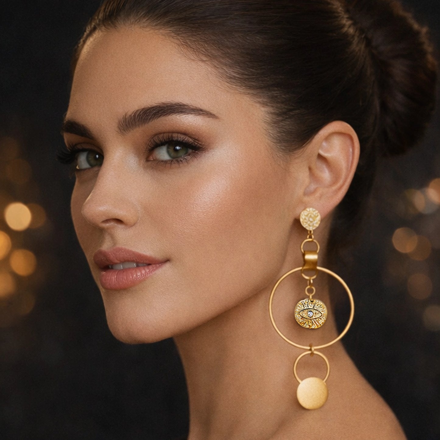 Mismatched Gold Dangle Hoop Earrings with CZ Evil Eye Charm