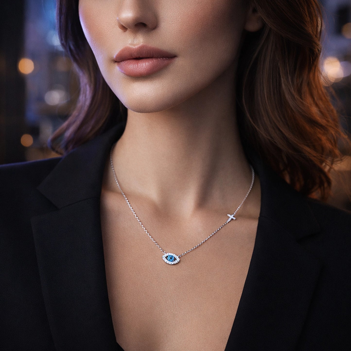 high-end product photo of a modern model wearing a black blazer with sleek contemporary makeup and softly styled hair. A silver evil eye necklace with a vivid blue center stone and a small side cross is clearly visible. Professional studio lighting, soft blurred background, sharp focus on the jewelry.