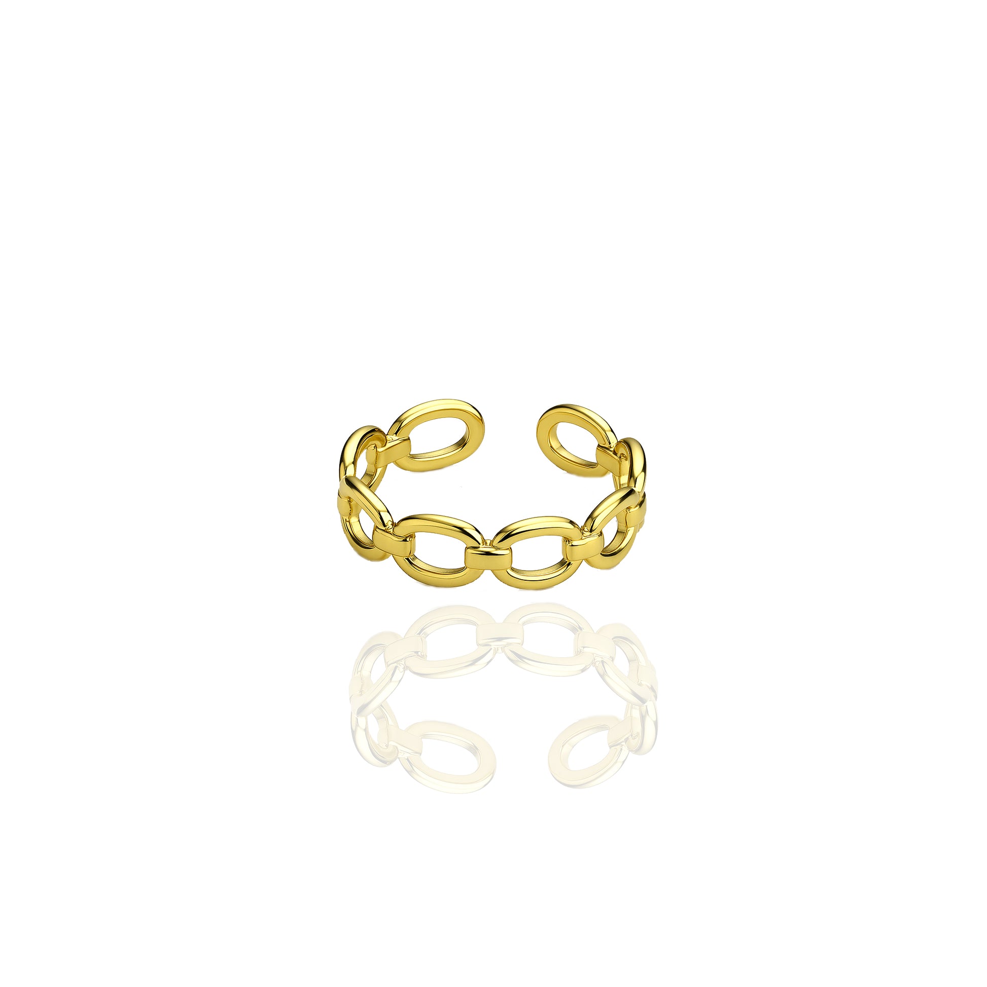 Studio image of an adjustable gold chain ring with wide open ends, shown on a clean white background with reflection.