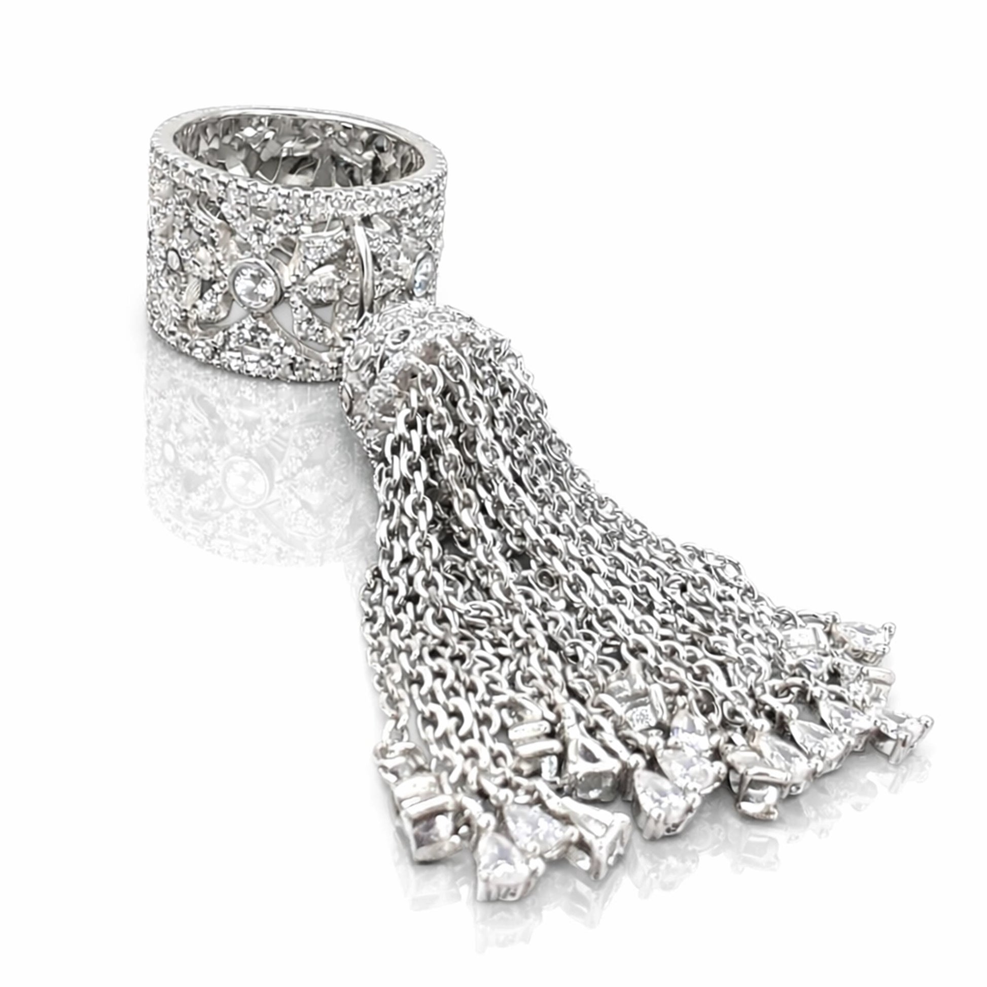 cubic zirconia tassel ring close up with moving chain detail