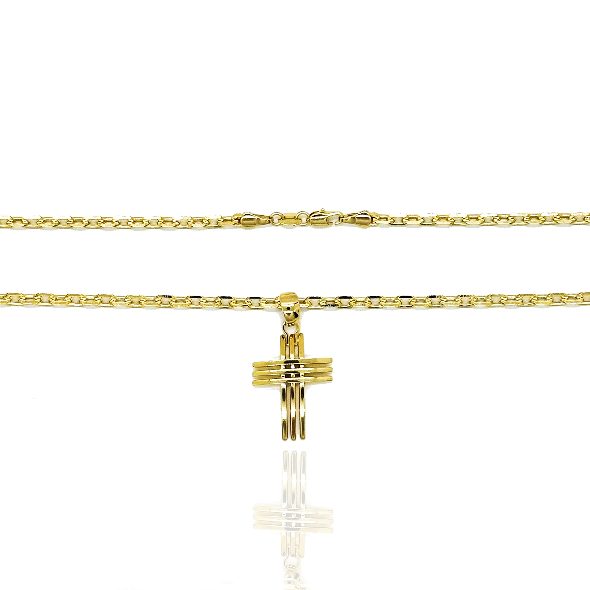 Flat lay image of a bold 18k gold filled necklace with a curved dimensional cross pendant and thick textured chain, featuring a secure lobster clasp and reflective white background.