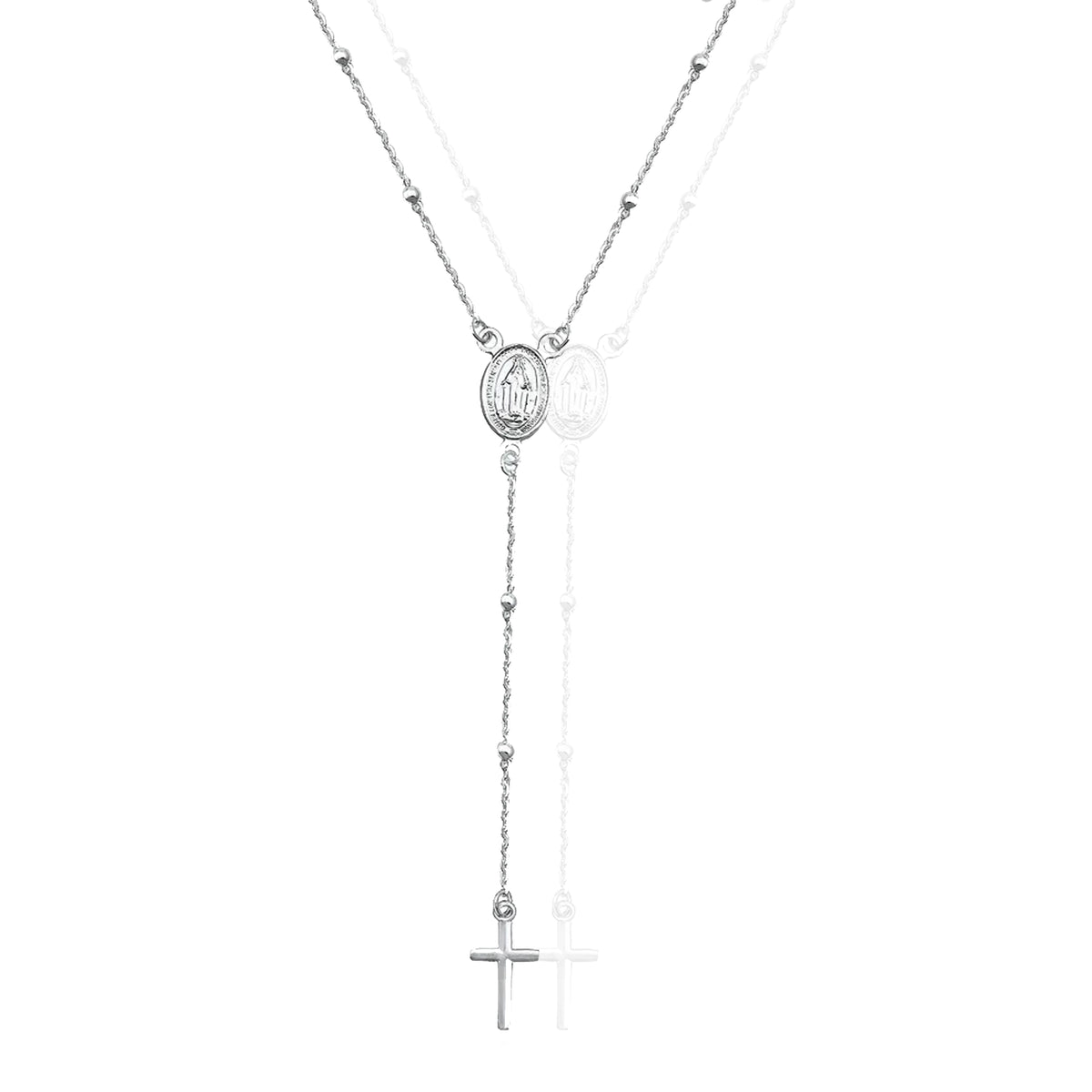 Product shot of a sterling silver rosary lariat necklace with Miraculous Medal and cross charm on flat white background.