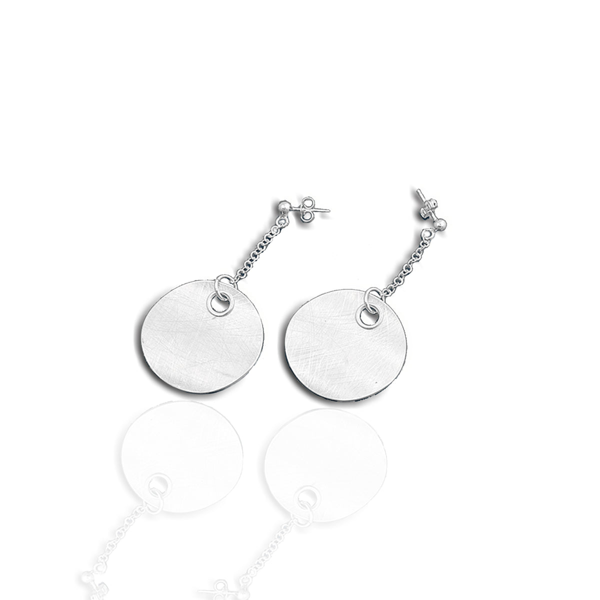 Sterling silver chain drop disc earrings on white background