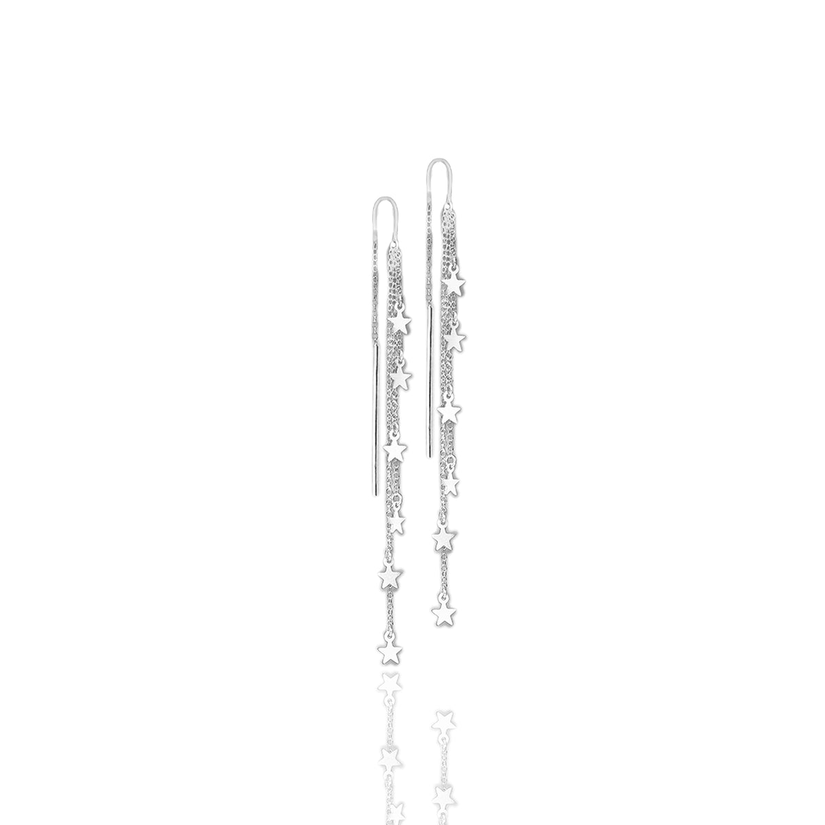 Sterling silver threader earrings with cascading star charms and delicate chain strands, displayed on a white reflective background.
