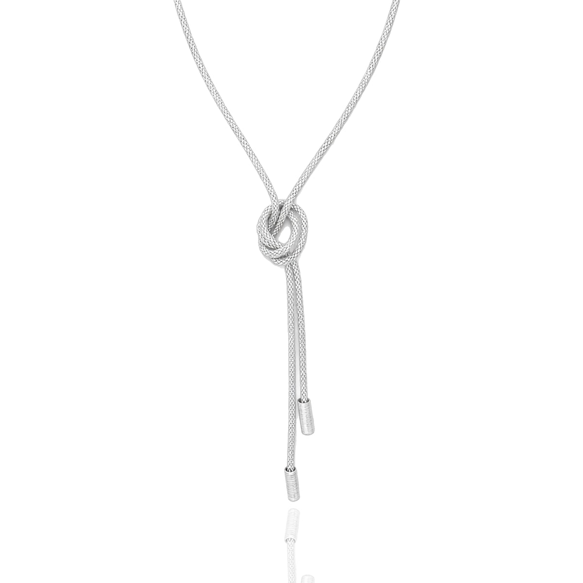 A modern Knot Necklace crafted from solid 925 sterling silver. The extra-long 42-inch rope chain slides effortlessly through the decorative knot