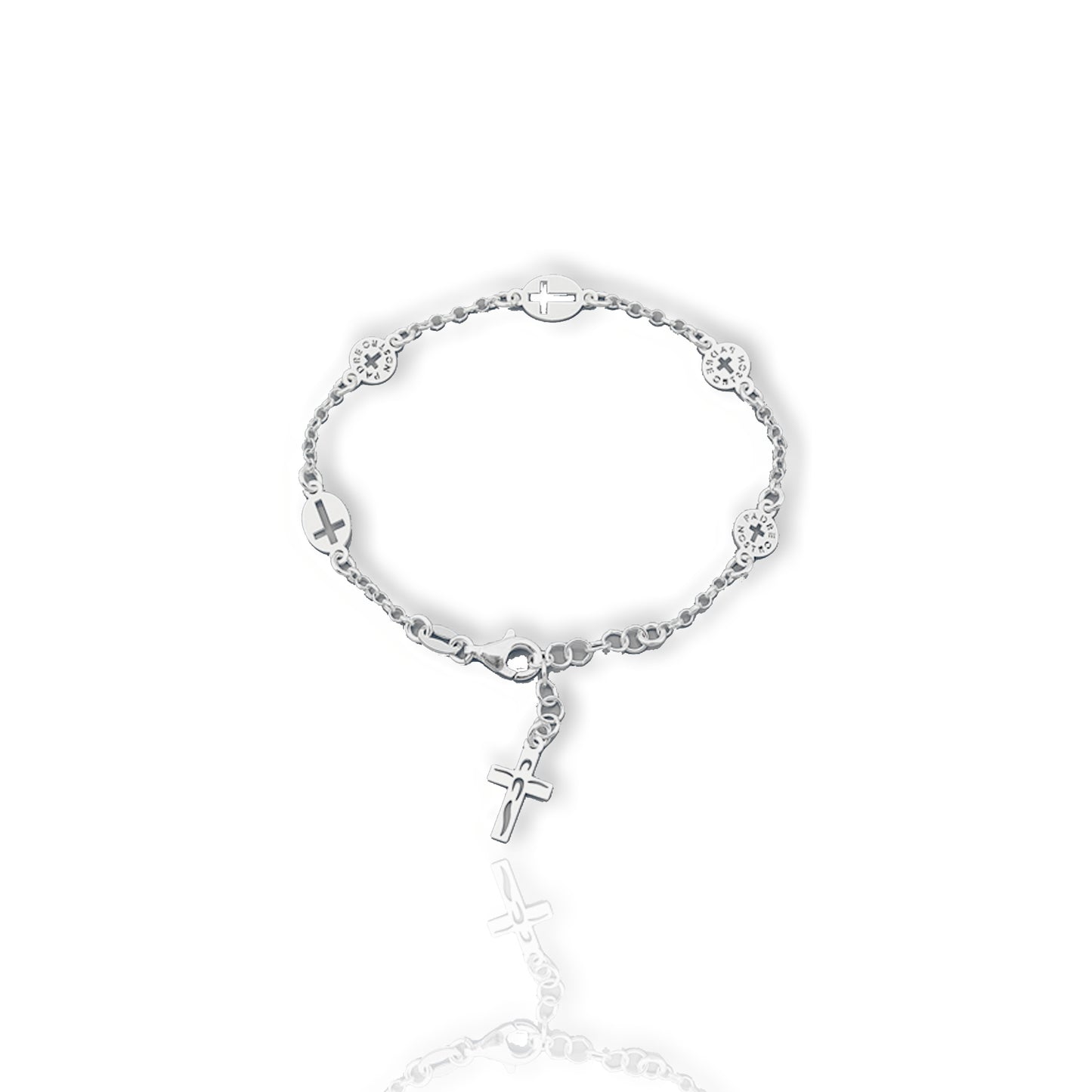 Religious Chain Link Bracelet with Dangle Cross Charm and Cut Out Padre Nostro Design