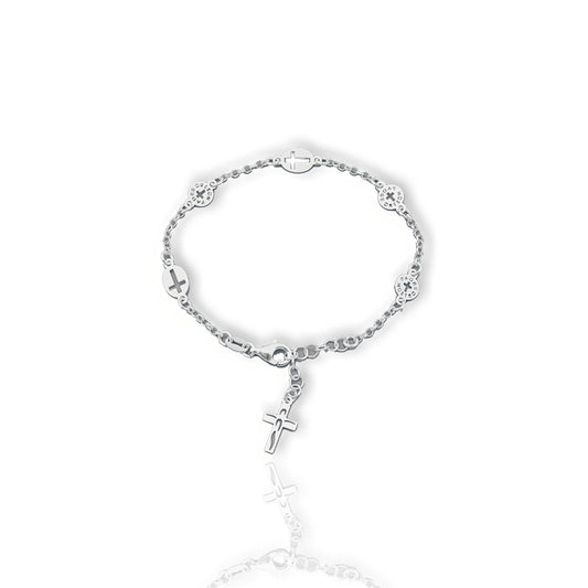 Religious Chain Link Bracelet with Dangle Cross Charm and Cut Out Padre Nostro Design