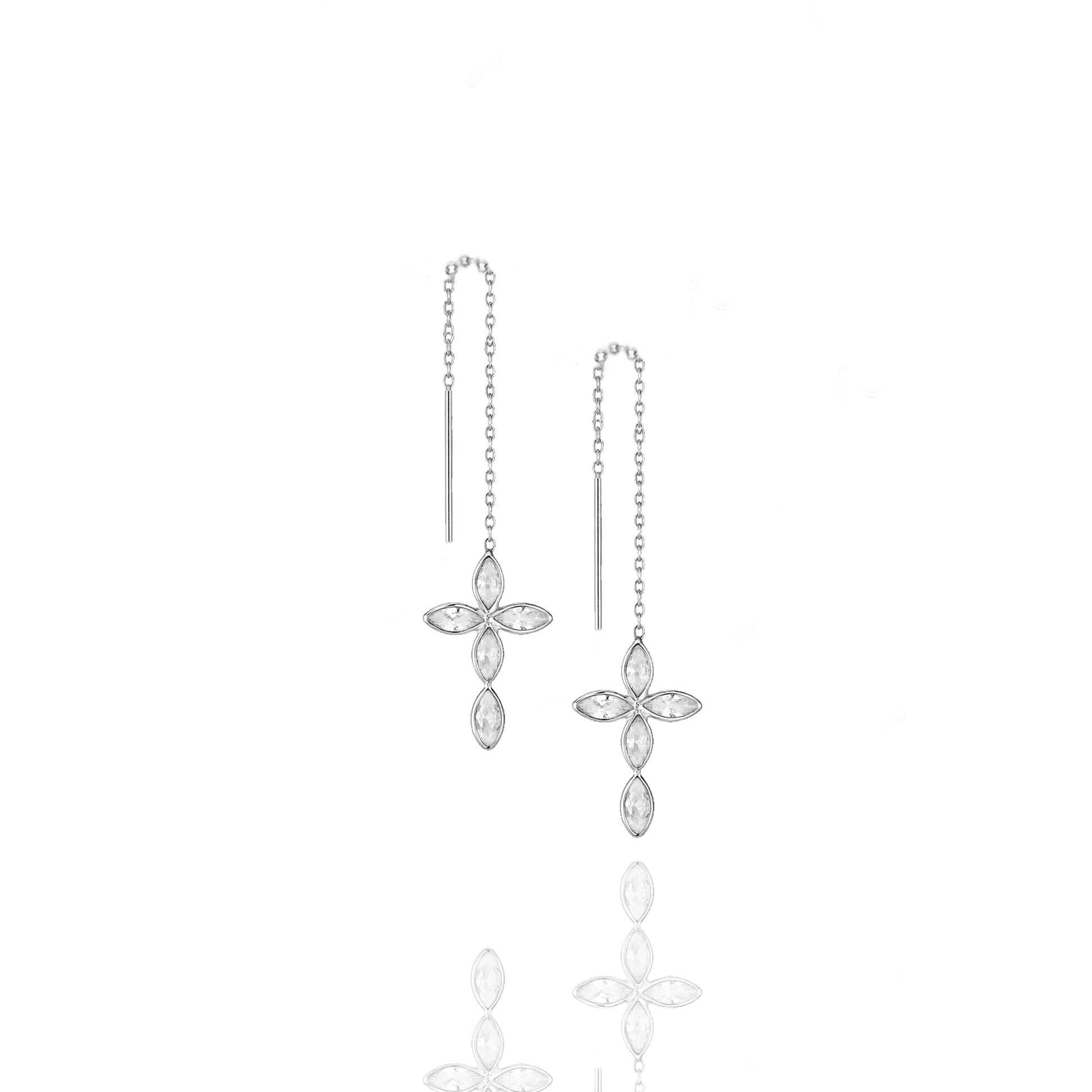Sterling silver CZ cross threader earrings with bar ends, pull through chain design.