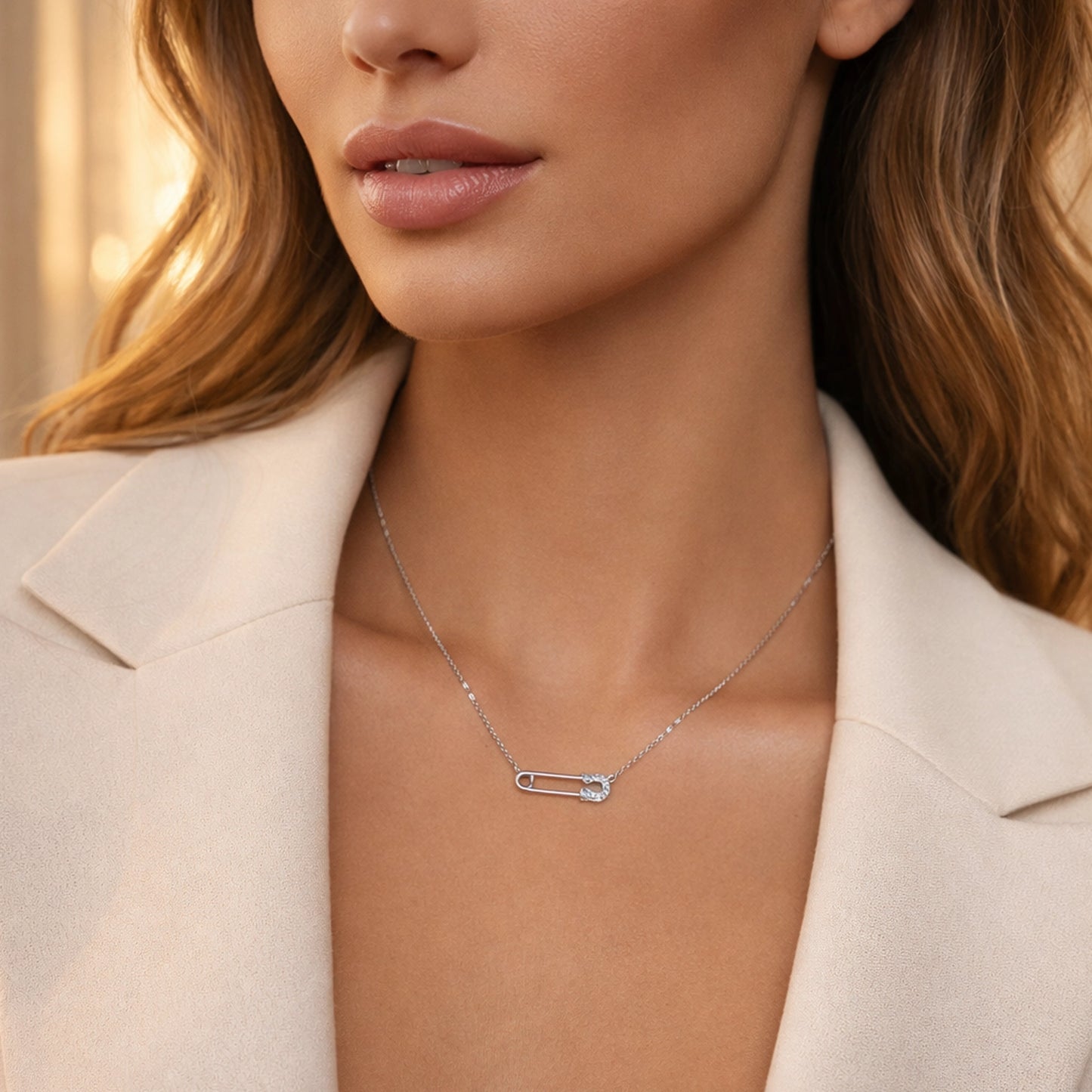 Pave Safety Pin Dainty Necklace
