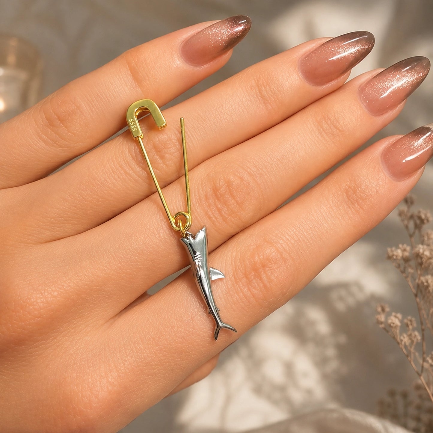 Safety Pin Dangle Shark Single Earring