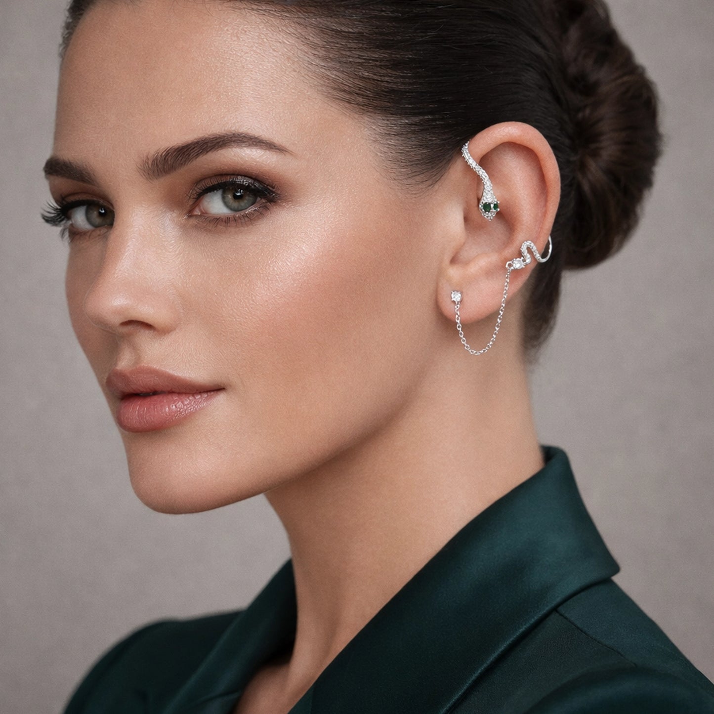 Serpent Ear Cuff with CZ Stones and Emerald Green Eyes