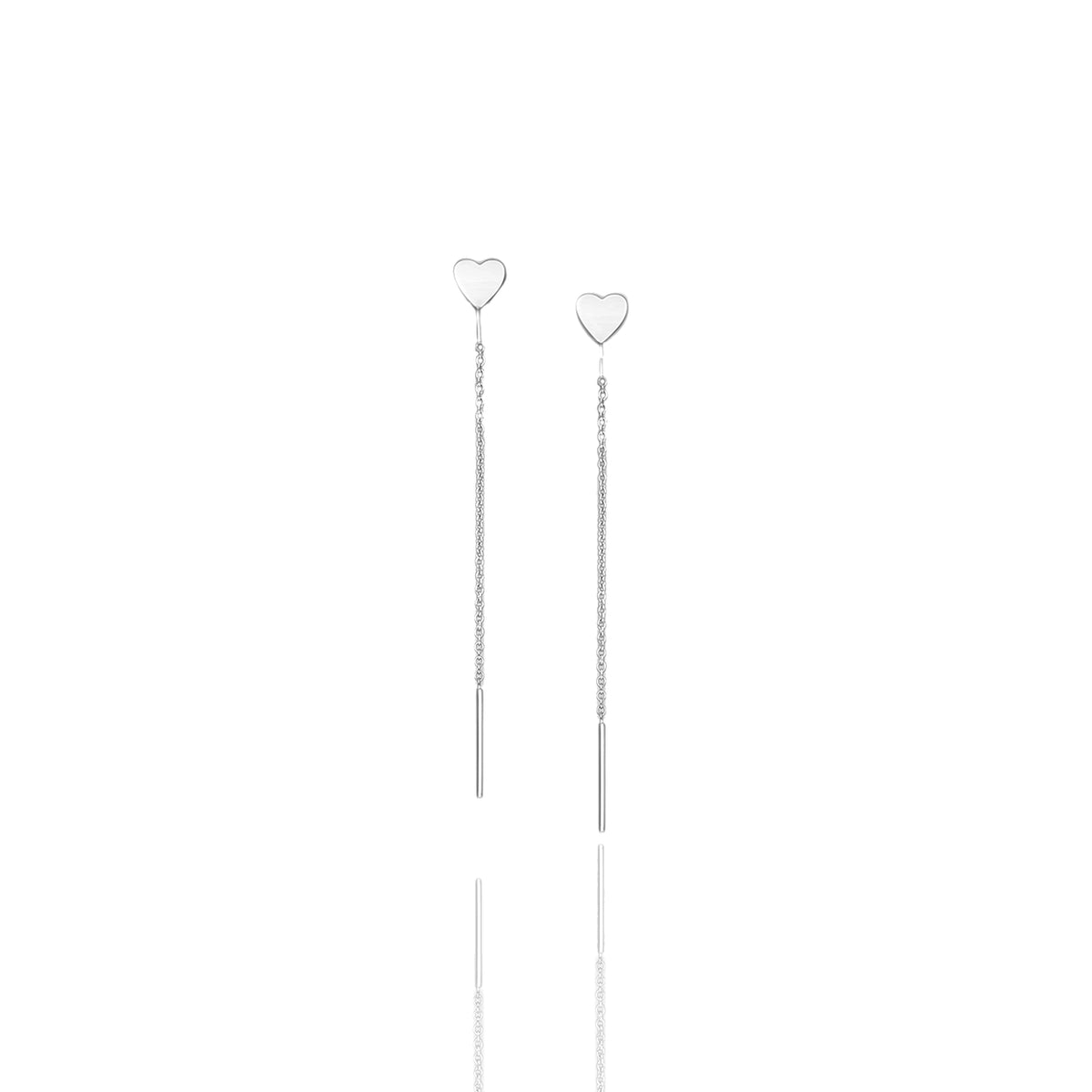 sterling silver heart threader earrings, featuring polished heart studs with delicate pull through chains
