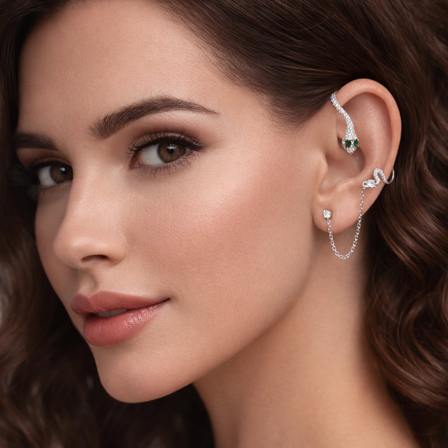 Serpent Ear Cuff with CZ Stones and Emerald Green Eyes